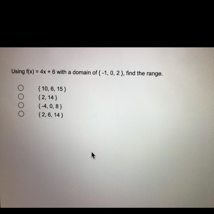 Using f(x) = 4x + 6 with a domain of {-1, 0, 2 }, find the range.-example-1