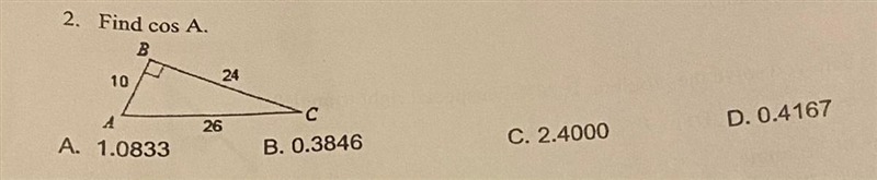 Trigonometric Ratios Find cos A-example-1