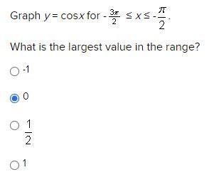 URGENT: Graph y = cosx for -3\pi/2 <= x <= -pi/2 What is the largest value in-example-1