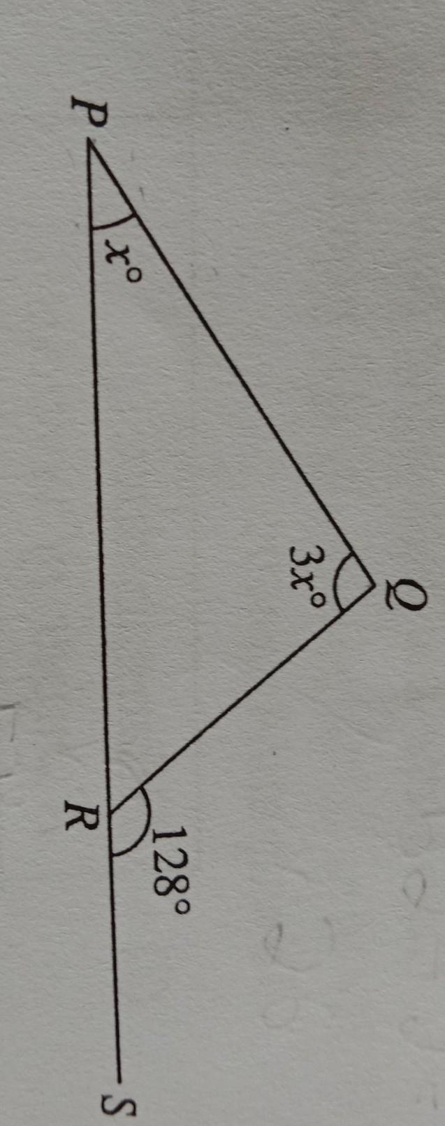 The diagram shows a triangle. PRS is a straight line. Find the value of x. ​-example-1