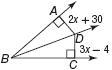 If BD bisects ∠ABC, find the value of x. x = 26 x = 34 x = 5.2 x = 6.8-example-1