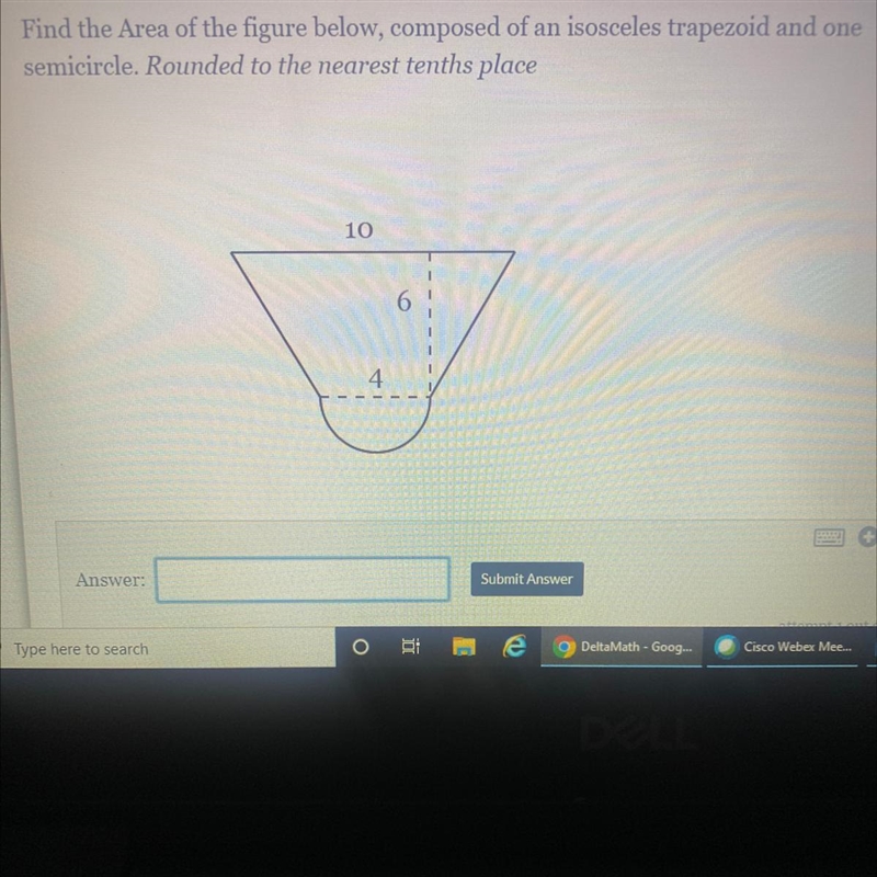 Find the Area of the figure below, composed of an isosceles trapezoid and one semicircle-example-1