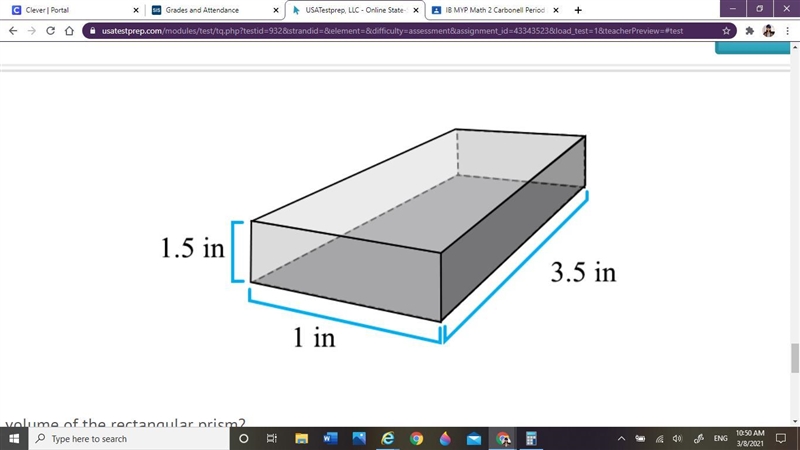 What is the volume of the rectangular prism? A) 2.1 in3 B) 5.25 in3 C) 21 in3 D) 42 in-example-1