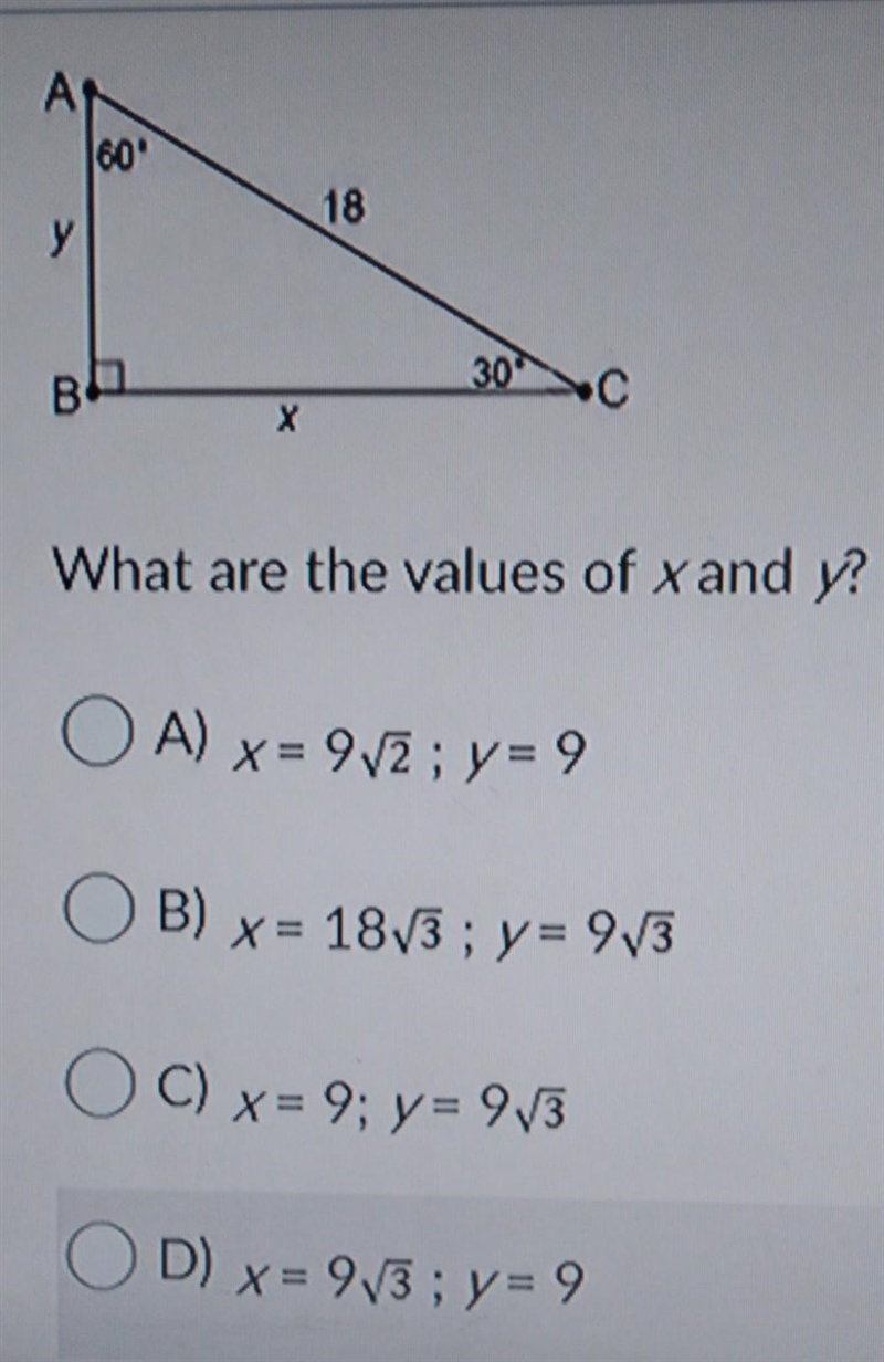 What are the values of x and y? A) X= 9/2; y = 9 B) x = 1843 ; y= 983 C) x= 9; y = 983 OD-example-1