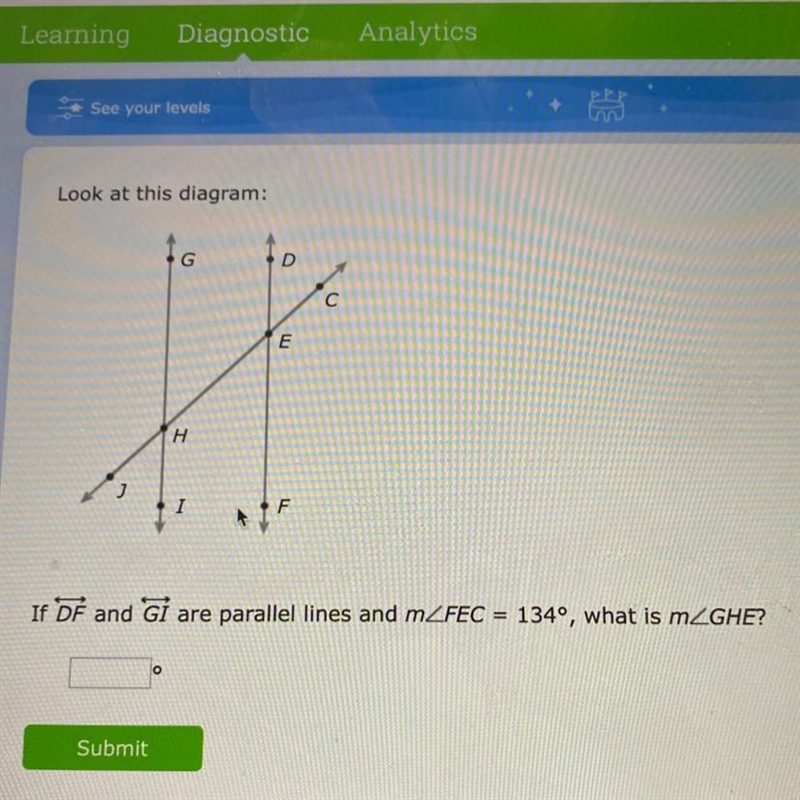 If DF and G are parallel lines and mZFEC = 134º, what is mZGHE?-example-1