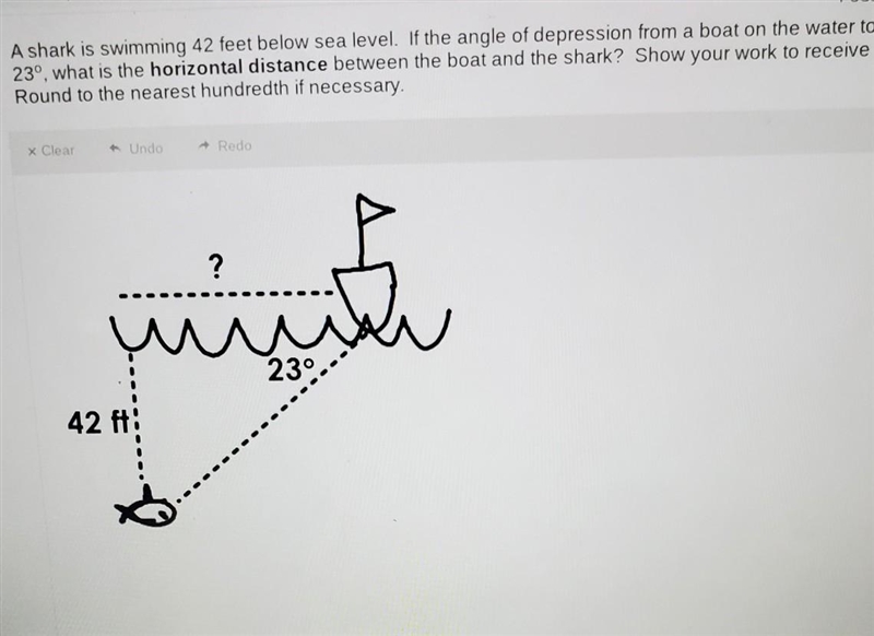 A shark is swimming 42 feet below sea level. If the angle of depression from a boat-example-1