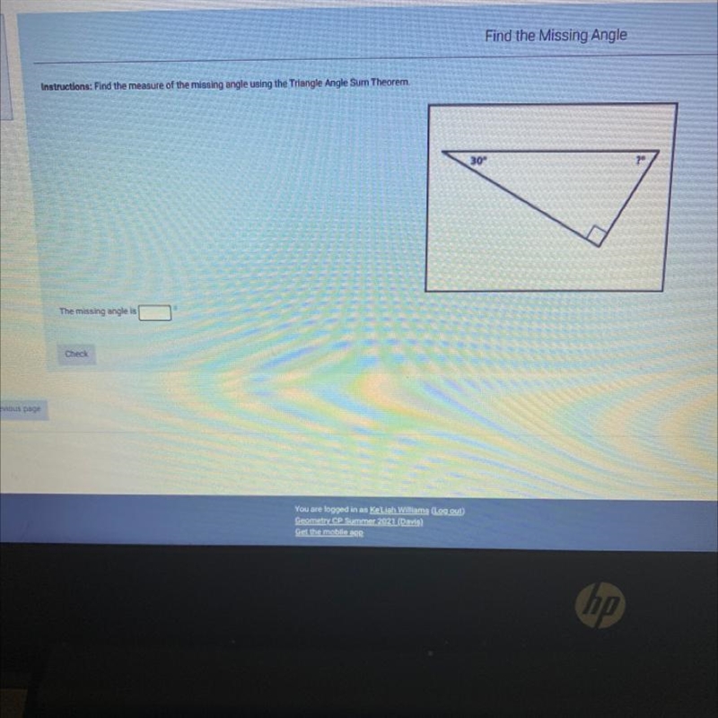 Find the measure of the missing angle using the triangle angle sum theorem-example-1