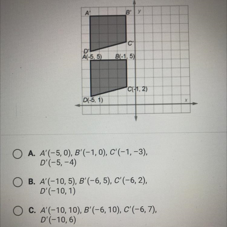 Quadrilateral ABCD is translated 5 units up. What are the coordinates of quadrilateral-example-1