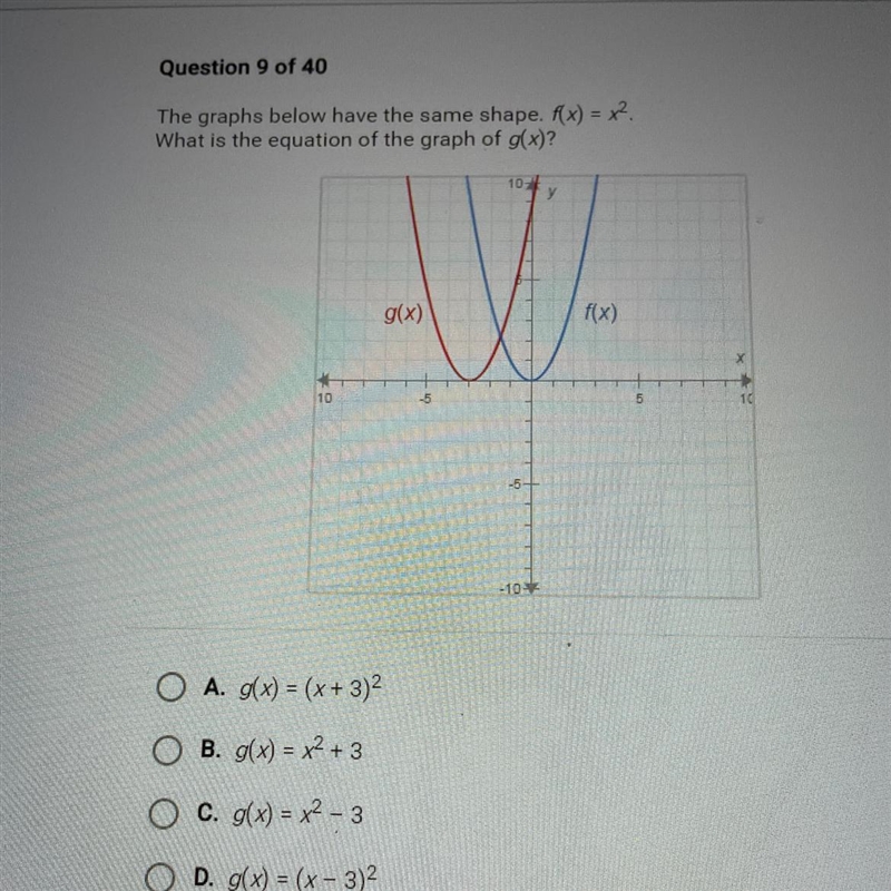 HELP ASAP! The graphs below have the same shape. f(x) = x2. What is the equation of-example-1