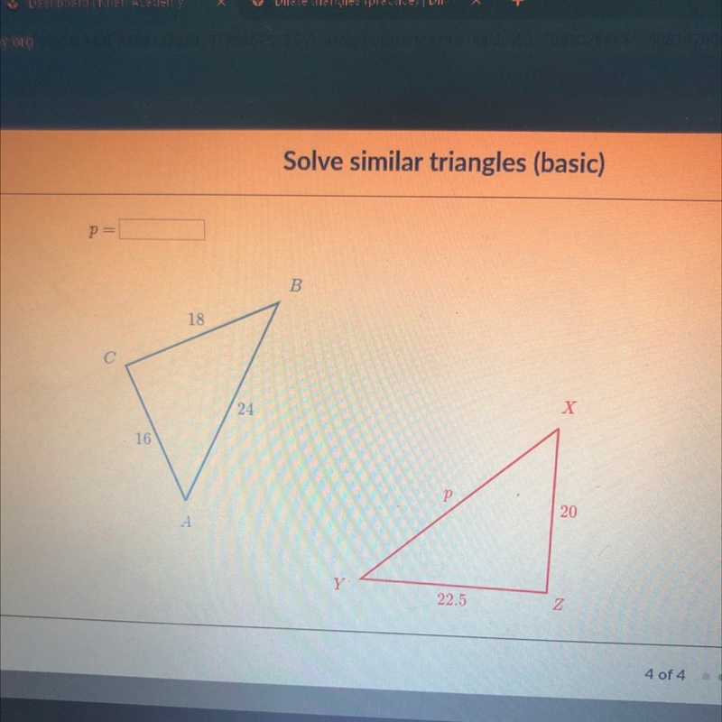 Triangle ABC is similar to triangle XYZ Solve for p-example-1