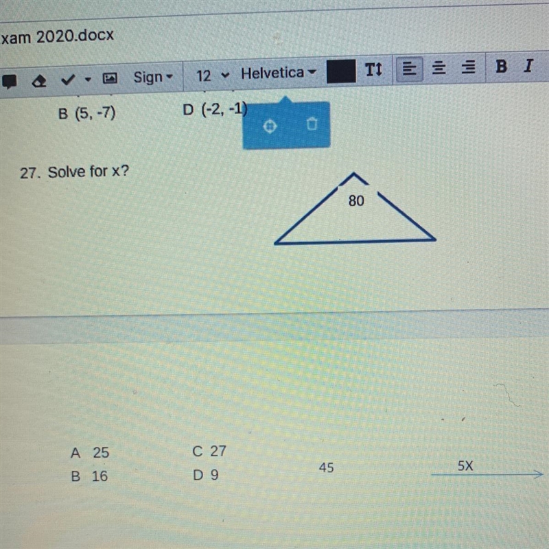 27. Solve for x? A 25 B 16 C 27 D 9-example-1