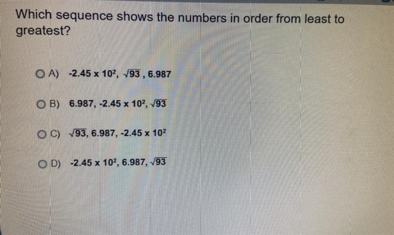 Which sequence shows the numbers in order from least to greatest? Plz help!!-example-1