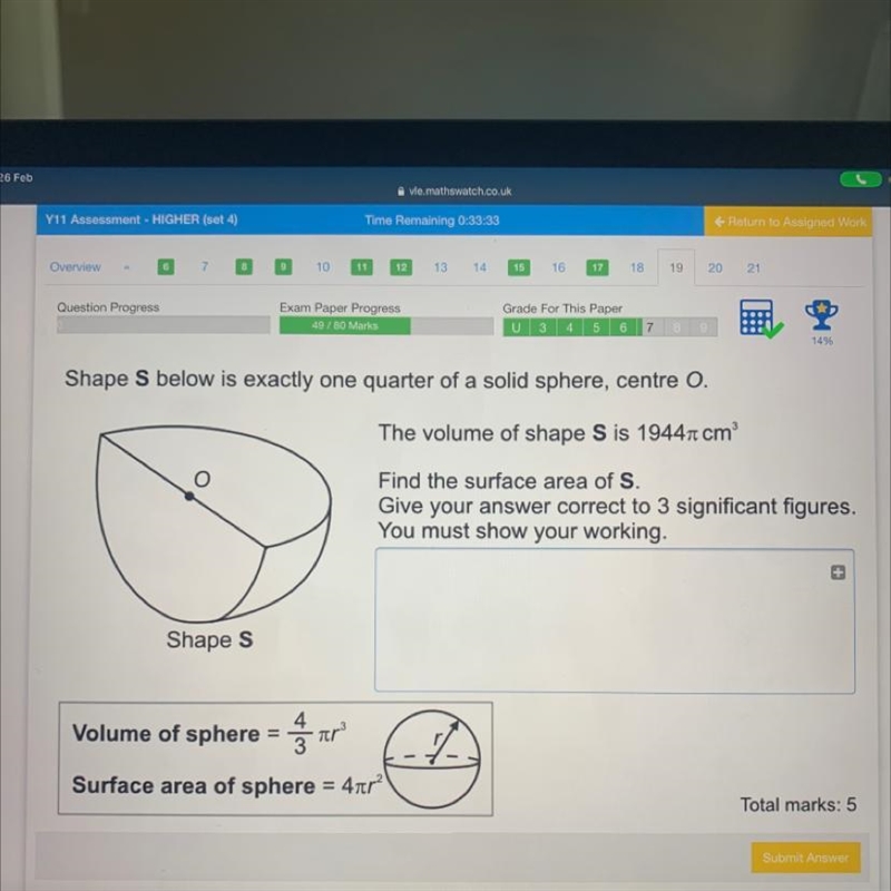 Shape S below is exactly one quarter of a solid sphere, centre O. The volume of shape-example-1