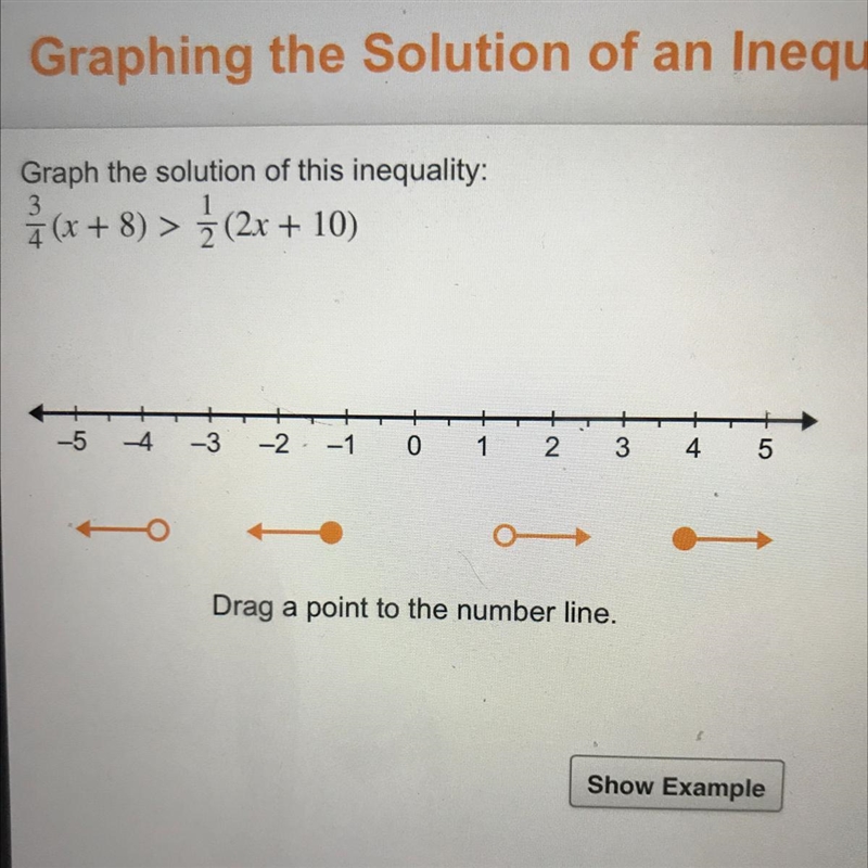 Graph the solution to this inequality: 3/4(x+8)>1/2(2x+10)-example-1