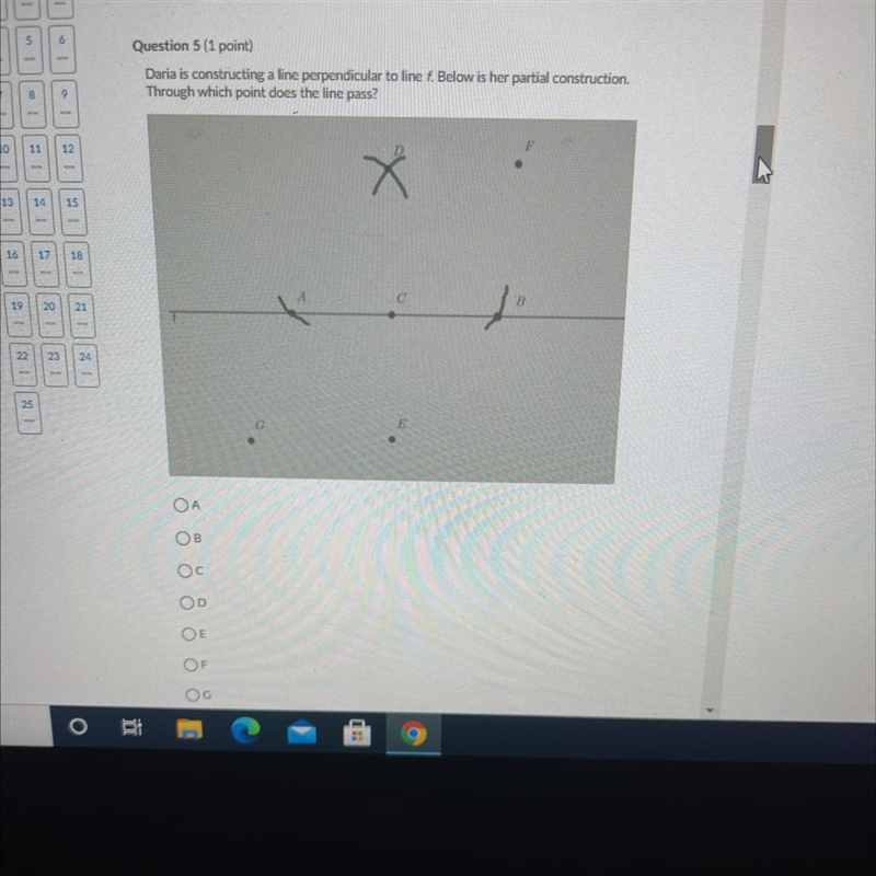 Daria is constructing a line perpendicular to line f. Below is her partial construction-example-1