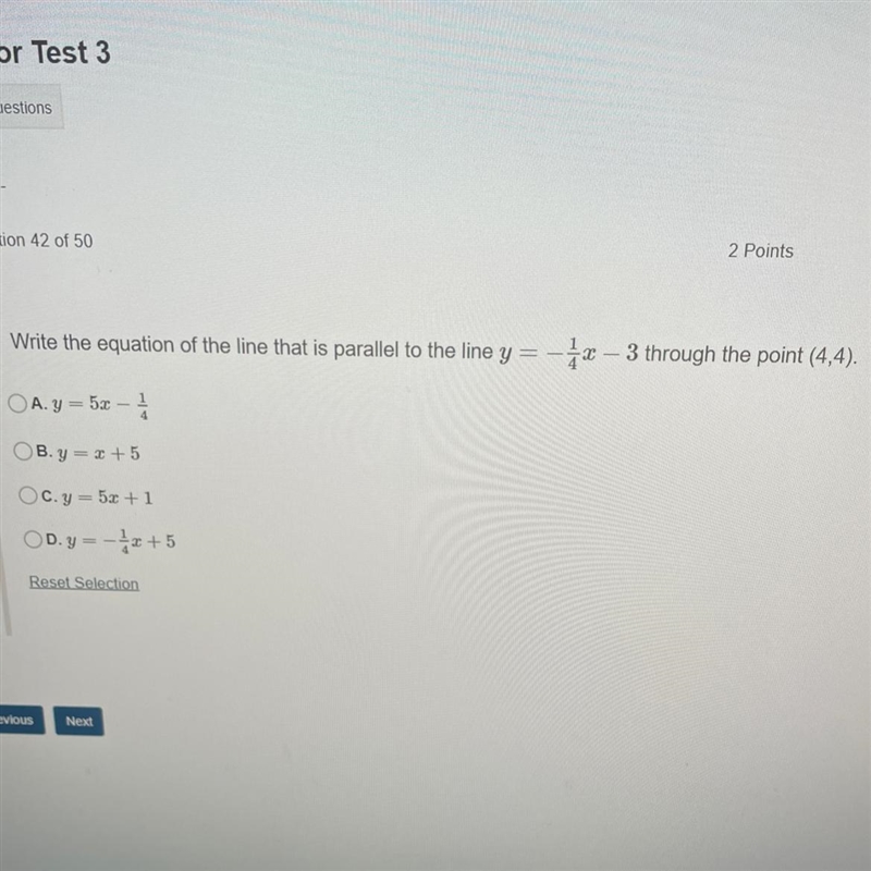 Write the equation of the line that is parallel to the line y=-1/4x - 3 through the-example-1