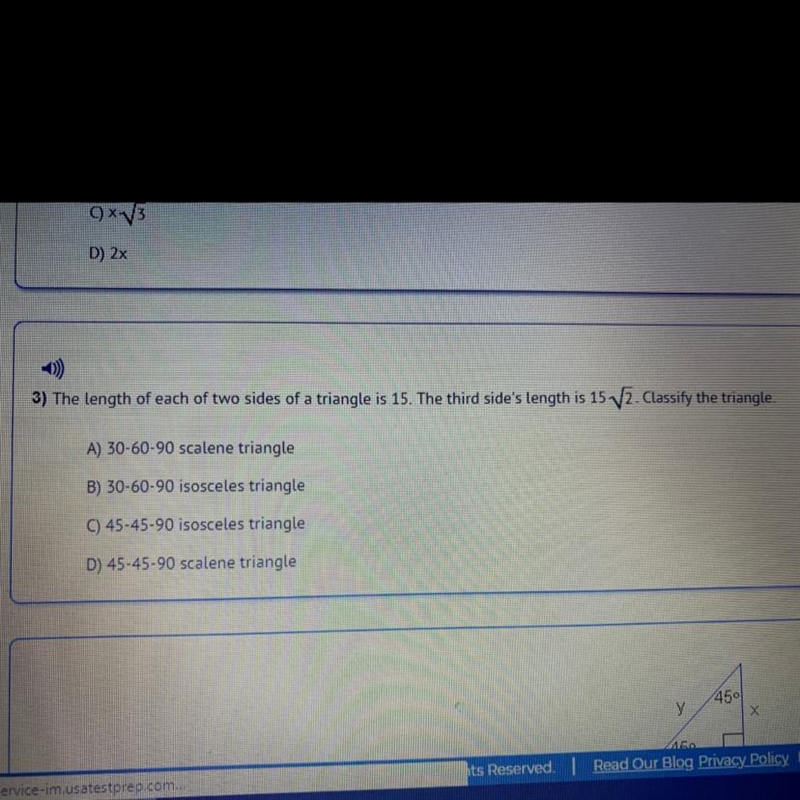 Look at pic ! The length of each of two sides of a triangle is 15. The third side-example-1