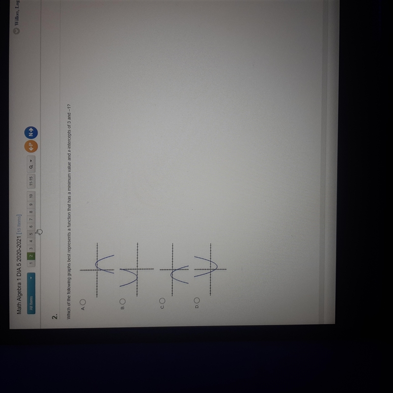 Which of the following graphs best represents a function that has a minimum value-example-1