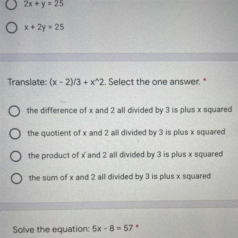 Translate: (x - 2)/3 + x^2. Select the one answer.-example-1