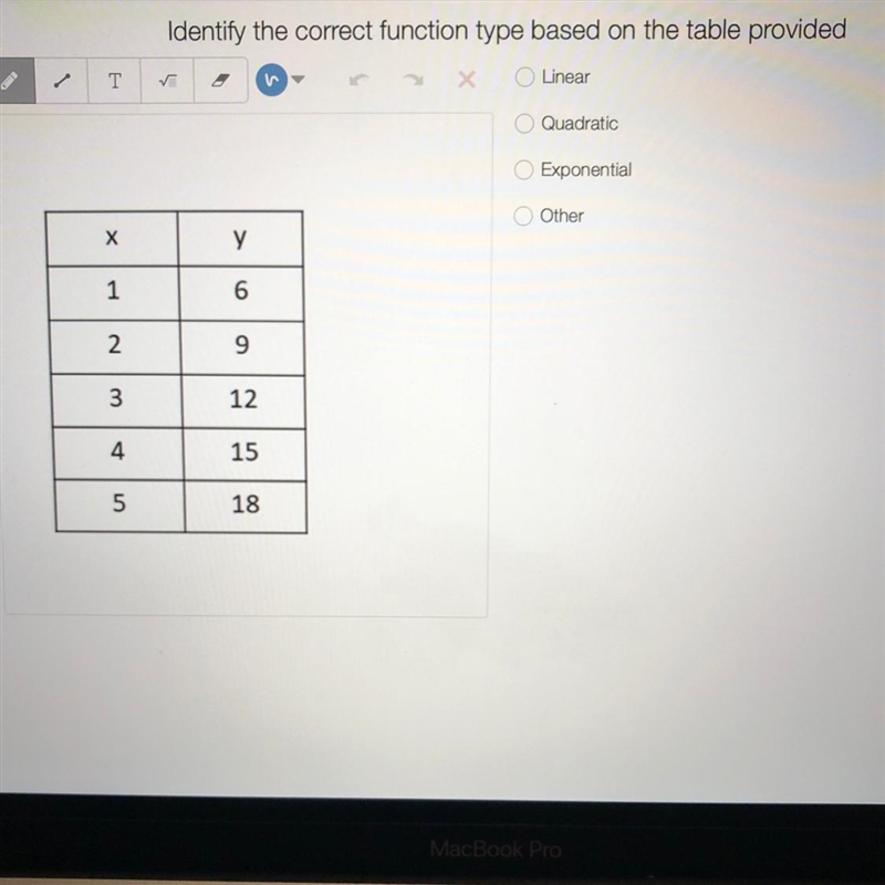 Identify the correct function type based on the table provided A-Linear B-Quadratic-example-1