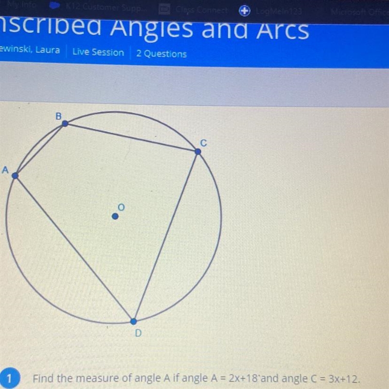 Find the measure of angle A If Angle A = 2x+18 and angle C = 3x+12-example-1