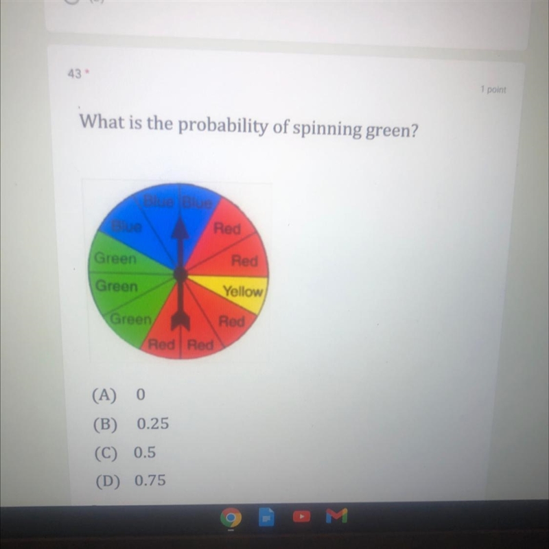 What is the probability of spinning green? Red Green Red Green Yellow Green (A) 0 (B-example-1