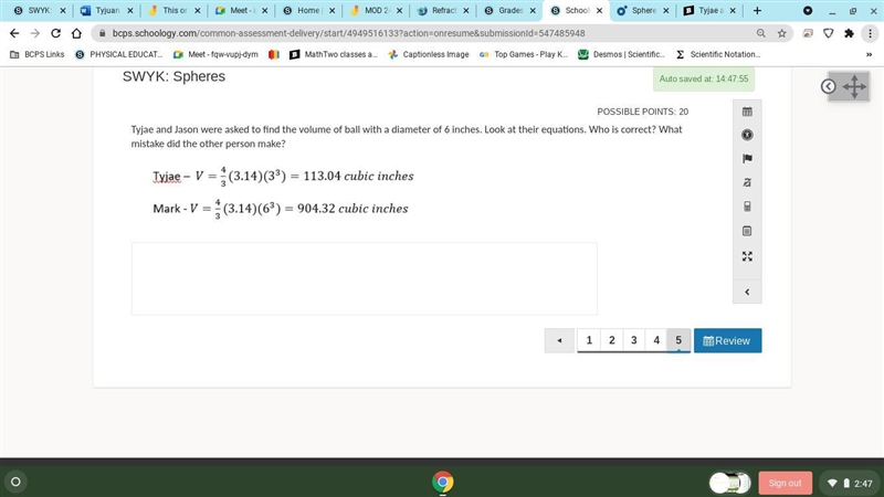 Tyjae and Jason were asked to find the volume of ball with a diameter of 6 inches-example-1