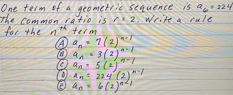 Geometric sequence Answer options: A) an=54(-3)n-1 B) an=-2(-3)n-1 C) an=25(-2)n-1 D-example-1