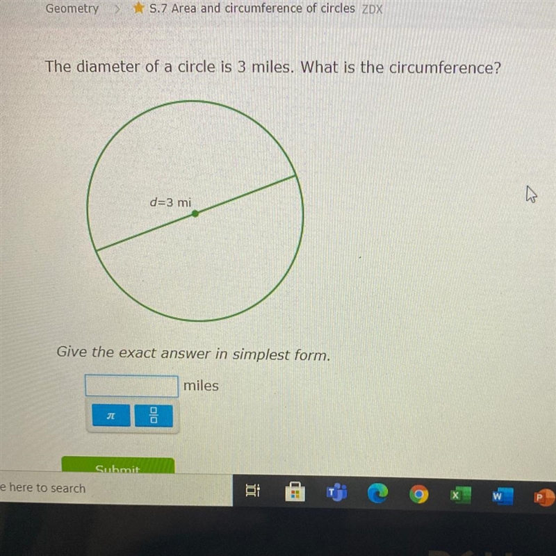 The diameter of a circle is 3 miles what is the circumference?-example-1