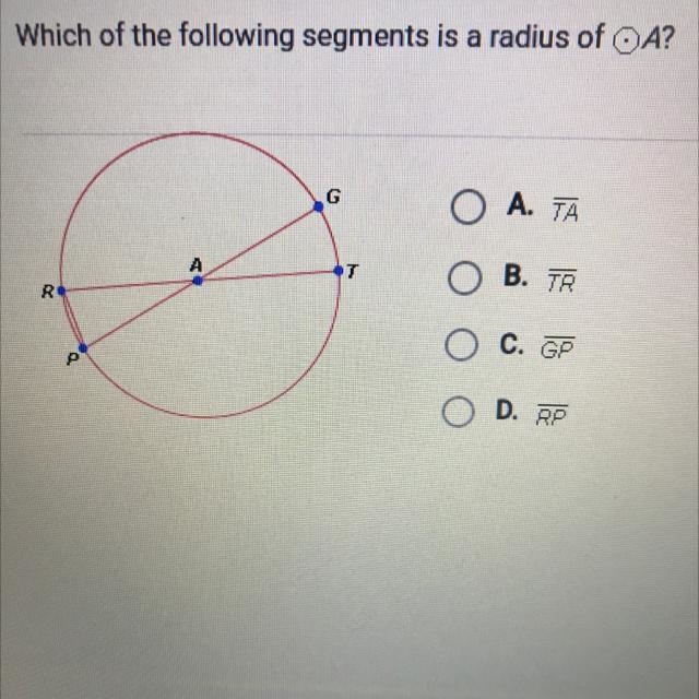 Which of the following segments is a radius of A? А. ТА B.TR C. GP D. RP-example-1