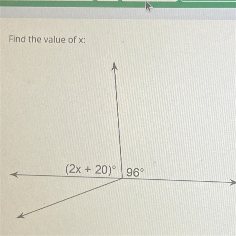 Find the value of x: (2x + 20)° 96°-example-1