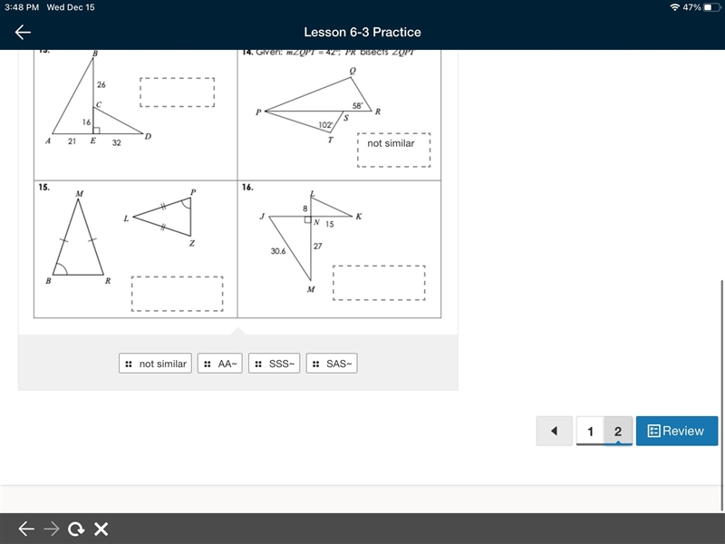 Determine whether the triangles are similar by AA-, SSS-, SAS-, or not similar?-example-1