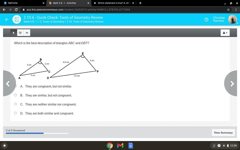 Which is the best description of triangles ABC and DEF? 2 similar triangles labeled-example-1