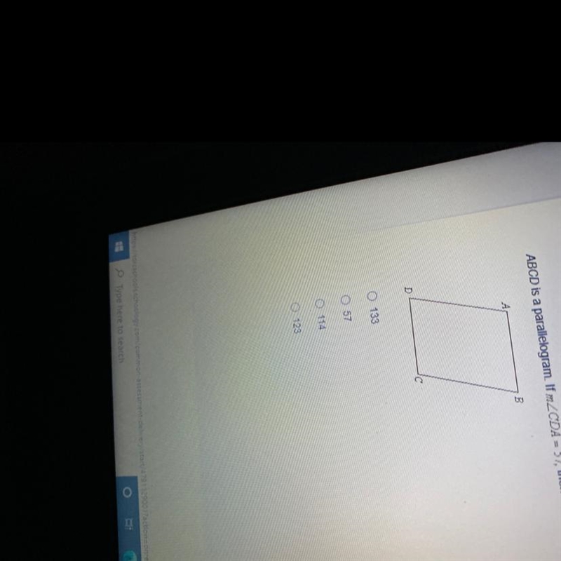 ABCD is a parallelogram. If a CDA - 57 then BCD-_? The diagram is not to scale. 133 57 114 123-example-1