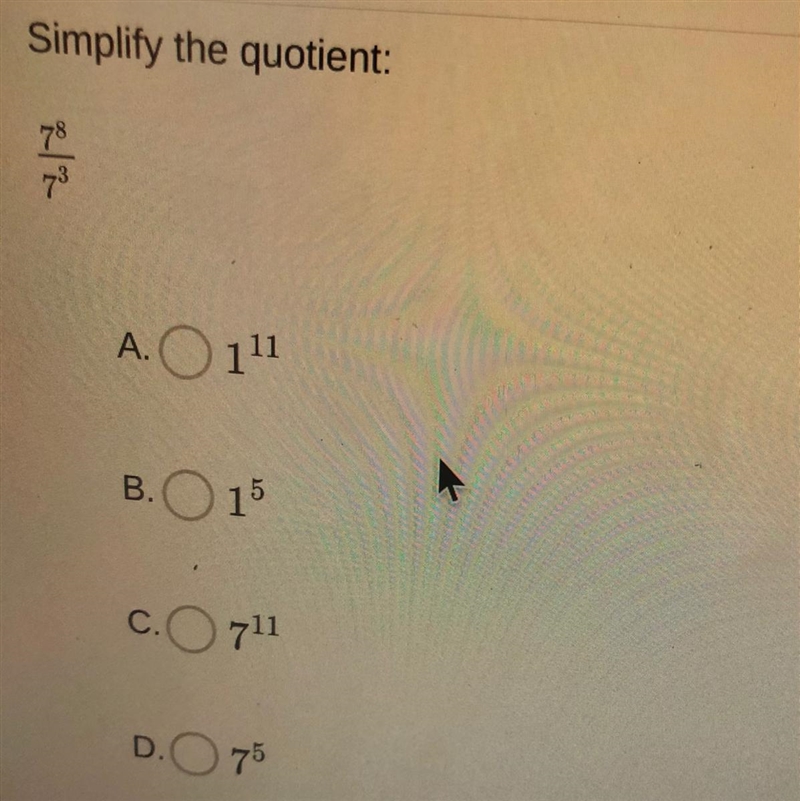 Simplify the quotient 7^8 / 7^3-example-1