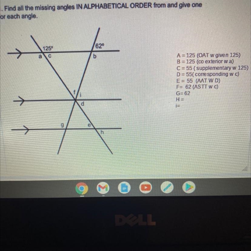 Explain how g is 62 degrees using angle theorem. Ex supplementary angle theorem, ASTT-example-1