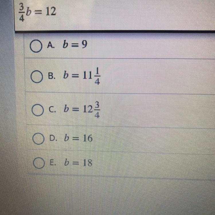 Solve for b: 3/4b=12-example-1