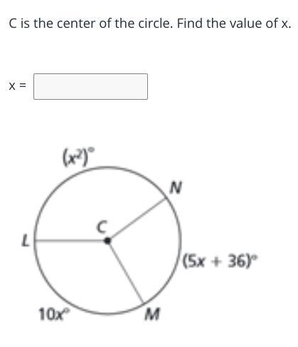 C is the center of the circle. Find the value of x.-example-1