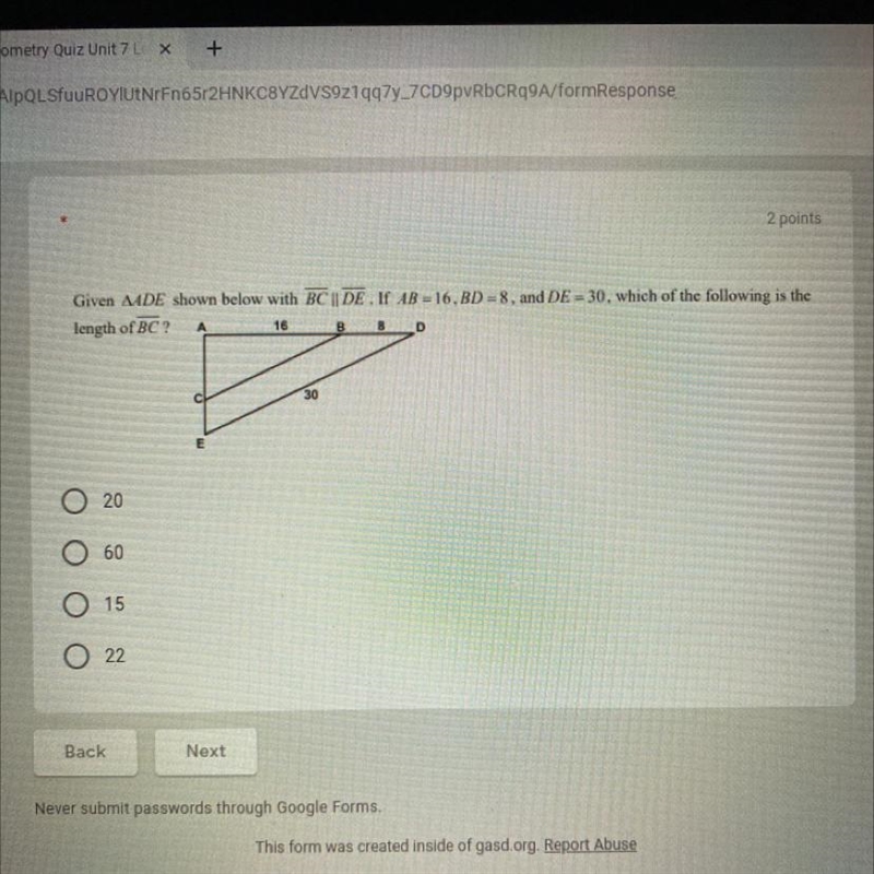 Given triangle ADE shown below with overline BC || overline DE . if AB=16, BD=8, and-example-1