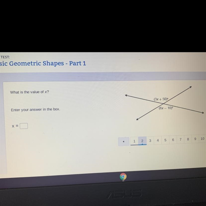 What is the value of x? (3x + 50) Enter your answer in the box. (6x - 10 x =-example-1