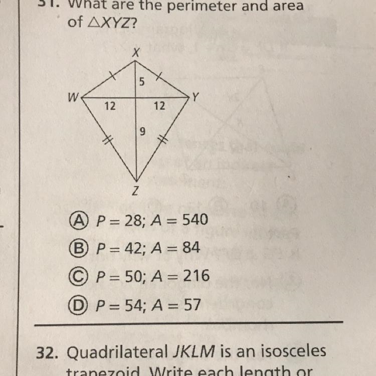 31. What are the perimeter and area of AXYZ? Х 5 W Y m 12 12 9 greater than and less-example-1