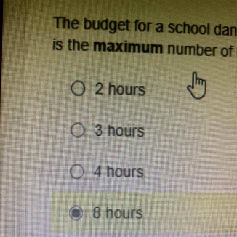 The budget for a school dance is 370.00. The band charges $65.00 per hour. What is-example-1