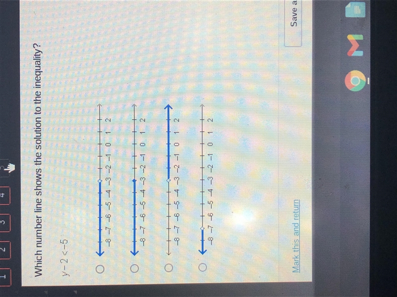 Which number line shows the solution to the inequality? y-2 > -5-example-1