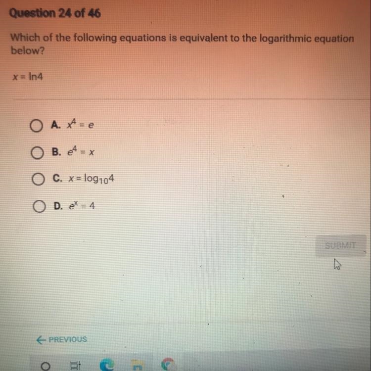 Which of the following equations is equivalent to the logarithmic equation below? x-example-1