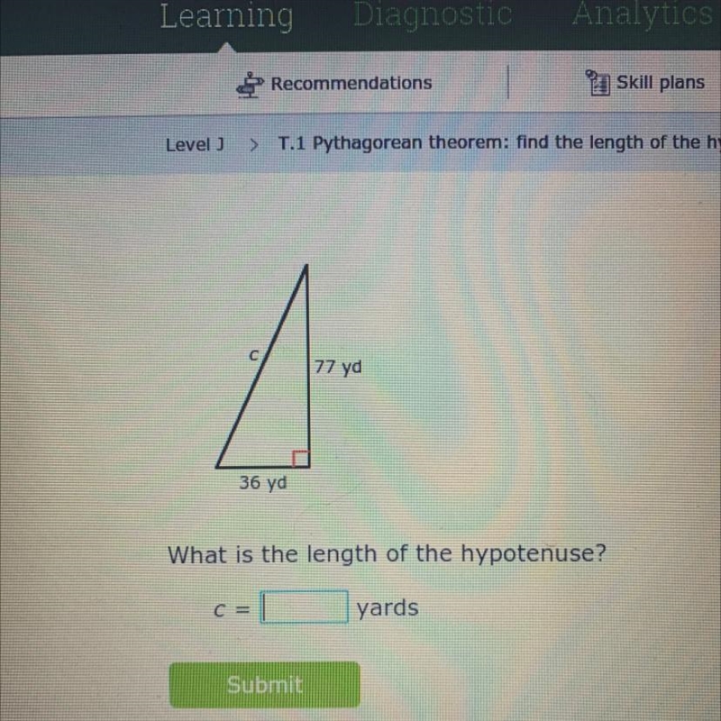 77 yd 36 yd What is the length of the hypotenuse? C = yards-example-1