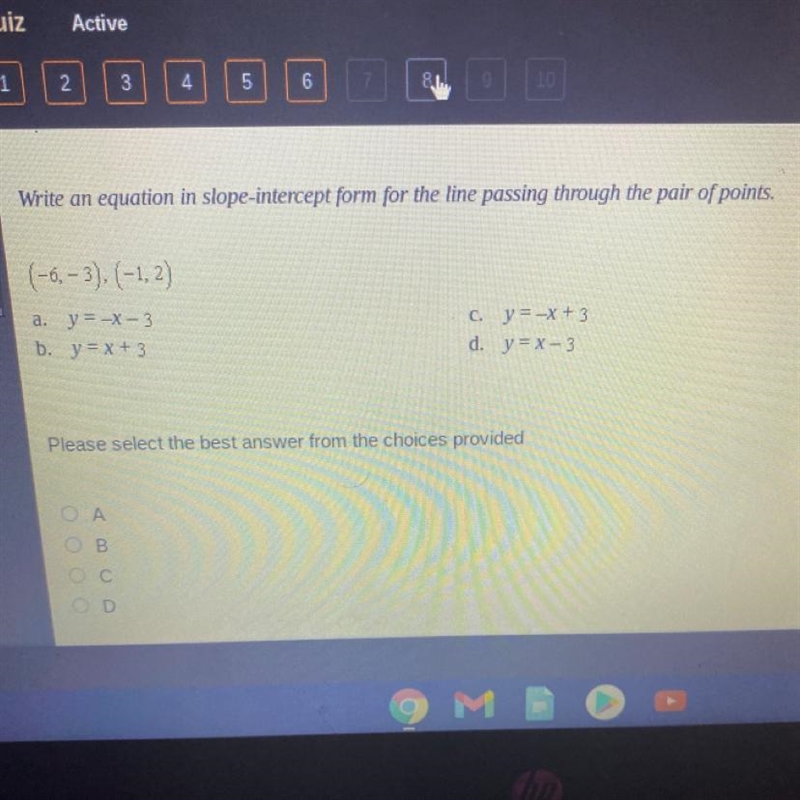 Write an equation in slope-intercept form for the line passing through the pair of-example-1