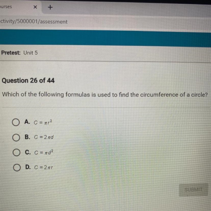 Which of the following formulas is used to find the circumference of a circle? O A-example-1