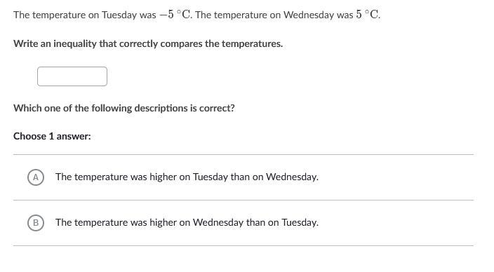 The temperature on Tuesday was −5 ∘C. The temperature on Wednesday was 5 ∘C Write-example-1