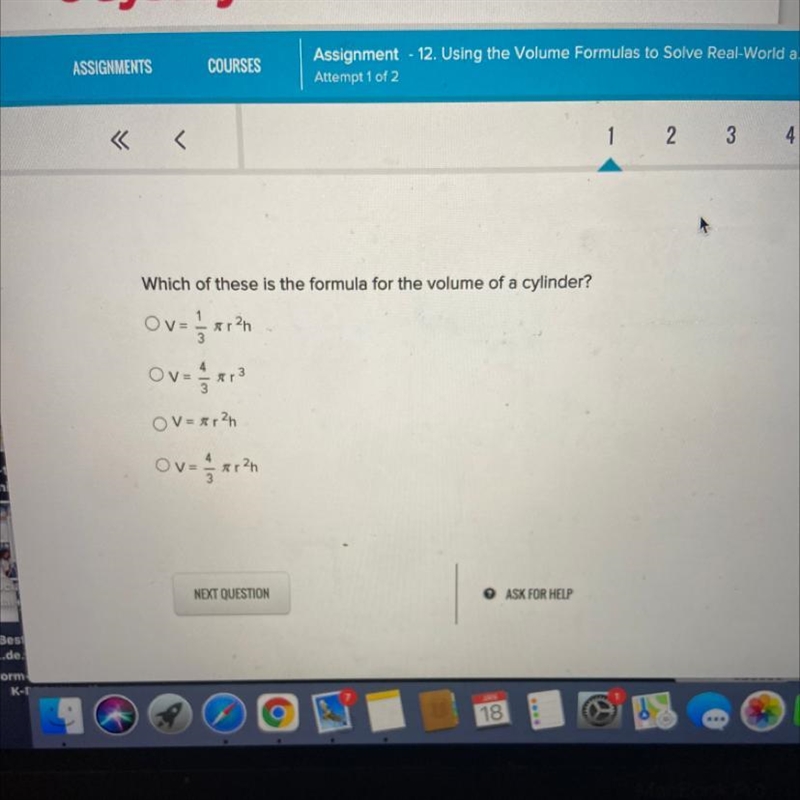 Which of these is the formula for the volume of a cylinder? Ova xr24 V «r O V = 5r-example-1