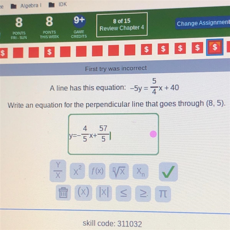 A line has this equation: -5y = 4x+40 Write an equation for the perpendicular line-example-1